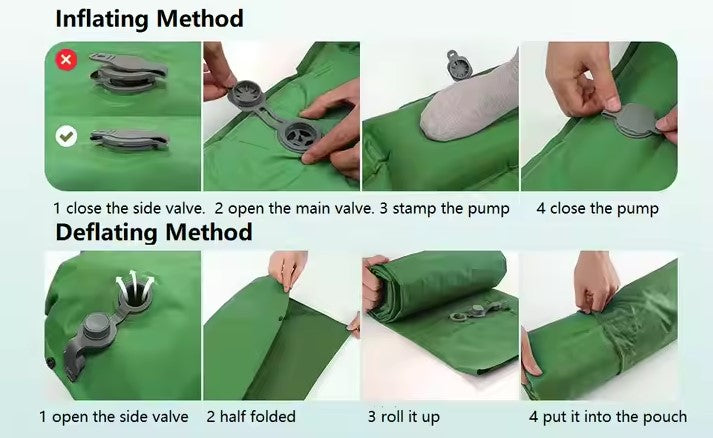 Colchoneta de camping con inflador de pie integrado – Comodidad y portabilidad
